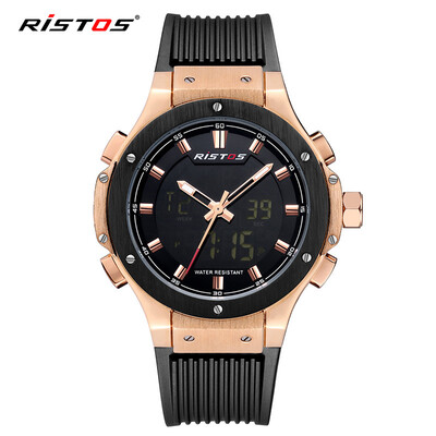 

RISTOS new multi-function dual display watch mens sports waterproof timing silicone 9390
