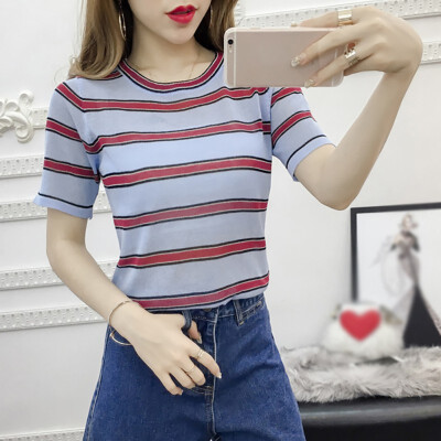 

Casual Womens Casual O Neck Striped Short Sleeve Thin Perspective Knitted Pullover T-Shirt