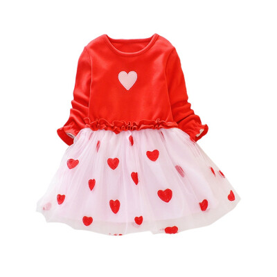 

Spring Autumn 1-8 Years Baby Kids Girls Heart Print Long Sleeve Dress Sweet Solid Color Cotton Comfortable Mesh Design Sundress