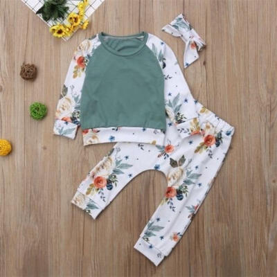 

3PCS Casual Newborn Baby Girl Long Sleeve T-shirts Tops Floral Long Pants Headband Outfits Clothes Set