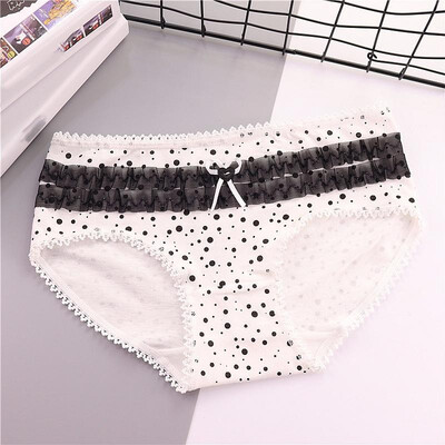 

Cute Women Underwear Cotton Blends Polka Dot Print Crochet Lace Scallop Tied Ruffle Elastic Waist Bow Briefs