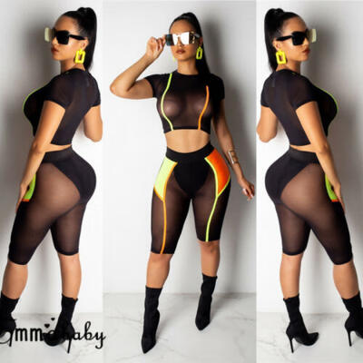 

SUNSIOM Women 2 Piece Hollow Mesh Crop Top Shorts Set Jumpsuit Romper Short Sleeve