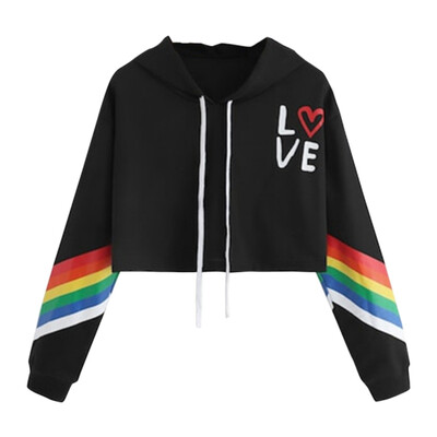 

Fashion Women Spring Autumn Hoodie Long Sleeve Letter Print Rainbow Striped Hooded Pullover Sweatshirt