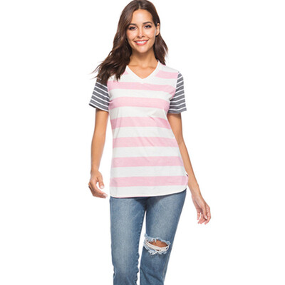 

Print Striped Patchwork Female T-shirt Sexy V Neck T-shirt Short Sleeve Plus Size Floral T-Shirt Women Summer Tee Causal Top
