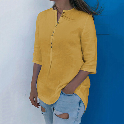 

Starmoon Women Ladies Cotton And Linen Solid Color Irregular Hem Blouse Shirt