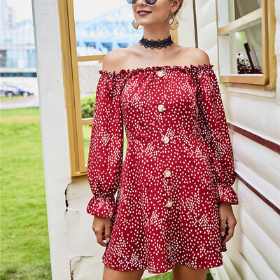 

Tailored Fashion Women Off Shoulder Floral Polka Dot Button Long Sleeve Mini Dress
