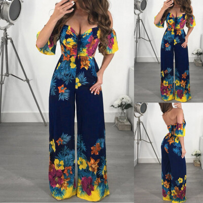 

Starmoon Women Sexy Print Off Shoulder Self Tie New Ruffle Half Sleeve Elegant Jumpsuit