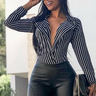 

Womens Casual Striped Tops Shirt Collar Long Sleeve Party Blouse WhiteBlack