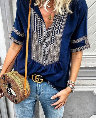 

Summer Women T-Shirt Boho Print Tee Deep V-Neck Long Sleeve Shirts Top Blouse