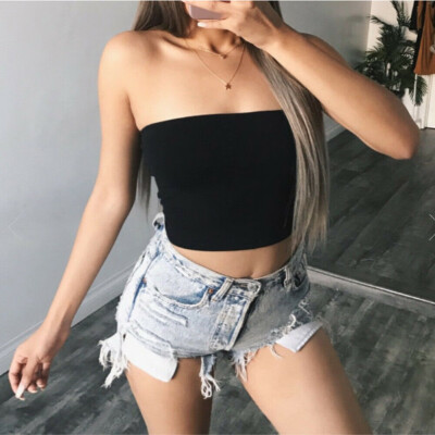 

Women Summer Off Shoulder Elastic Boob Tube Tops Blouse Strapless Bandeau Crop Top Shirt Vest Black White Pink Green Khaki