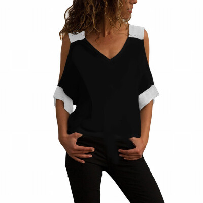 

Black white stitching V-neck short-sleeved casual loose top