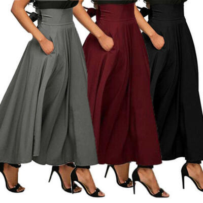 

USA High Waist Pleated Long Skirts Women Flared Full Maxi Skirt Swing Dress