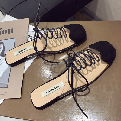 

Spring Fashion Transparent Rubber Square Head Lace Slippers Women Fashion Personality Flat-soled Muller Slippers Tide