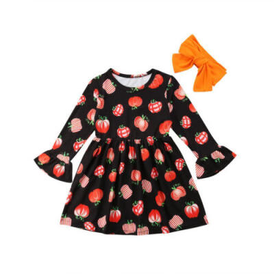 

Halloween Kids Baby Girls Pumpkin Long Sleeve Party Dress Headband Outfits 0-5T