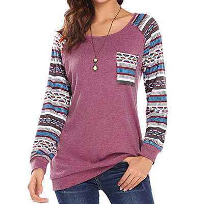 

Nomeni Women Fashion Long Sleeve Pocket Printed Patchwork Blouse Tops Clothes T Shirt