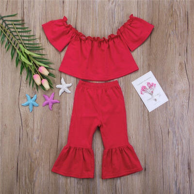 

2018 Hot Fashion Toddler Kid Girl 2pcs Casual Clothes Off Shoulder Bell-Bottom Long Pants Summer