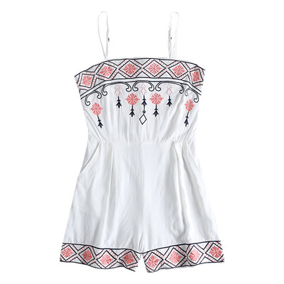

Sexy Spaghetti Strap Women Rompers Side Pocket Embroidered Jumpsuit