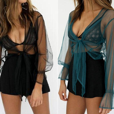 

Women Girls Long Sleeve Transparent Mesh Sheer Crop Top T-Shirt Blouse Tee Tops