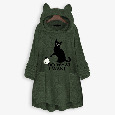 

Tailored Women Fleece Embroidery Cat Ear Plus Size Hoodie Pocket Top Sweater Blouse
