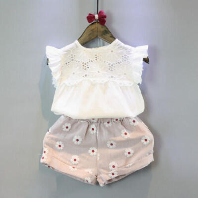 

UK STOCK Kids Baby Girls Outfits Lace Floral TopsCotton Shorts Pants 2PCS Set