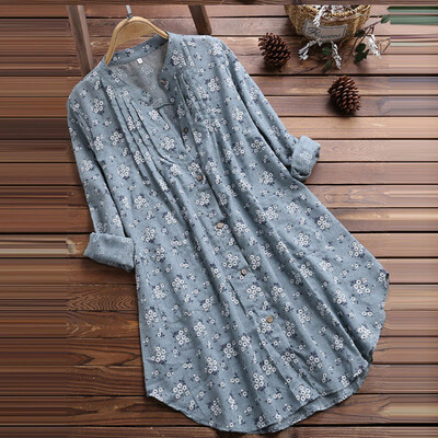 

Womens Floral Print V-Neck Casual Long Sleeve Ruched Cotton & Linen Blouse