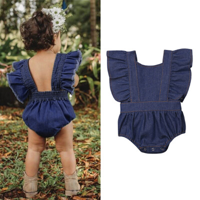 

Toddler Baby Kids Girls Solid Fly Sleeve Ruched Denim Romper Bodysuit Clothes