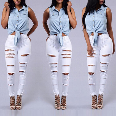 

〖Follure〗Women Mid Waisted Skinny Hole Denim Jeans Stretch Slim Pants Calf Length Jeans