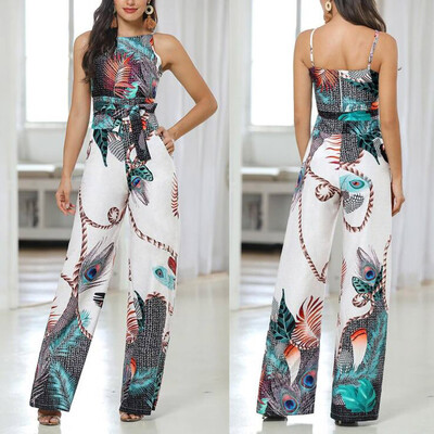 

Starmoon Women Sexy O-Neck Feather Printed Sleeveless Bandage Loose Long Jumpsuits
