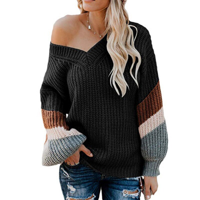 

Tailored Womens V Neck Long Sleeve Striped ColorBlock Knitted Chunky Pullover Sweater