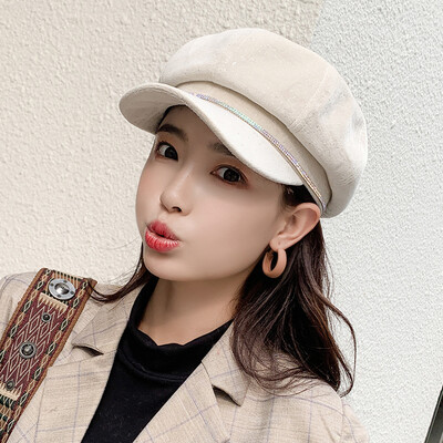 

Korean version of autumn&winter Joker Japanese berets women silver corduroy octagonal berets England retro cap