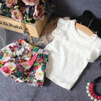 

UK Kids Baby Girl Short Sleeve Tops Lace Romper Floral Shorts Pants Clothes 2-7T