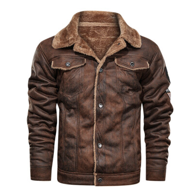 

Toponeto Mens Autumn Winter Vintage Turn-down Collar Solid Imitation Leather Coat