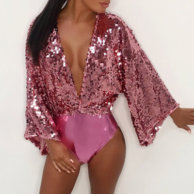 

Roseonmyhand Women Large Size Sexy Sequins Long Sleeve V-Neck Jumpsuits Loose Rompers