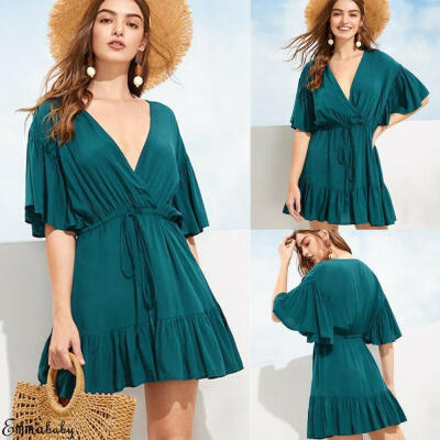 

Fashion Women Green V-neck Frill Mini Short Dress Summer Beach Skater Sundress