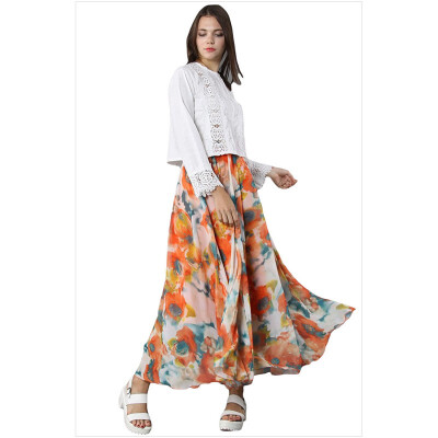 

Multicolor elastic band pants tulip watercolor chiffon print long skirt 65039