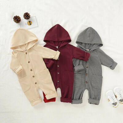 

Fall Autumn NEW Infant Baby Boy Girl Kid Pocket Hooded Romper Cotton Clothes Winter Solid Set