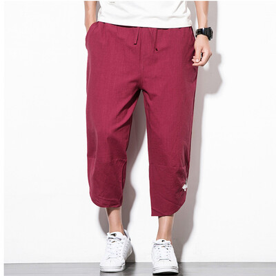 

Tailored Mens Summer Fashion Leisure Cotton And Linen Embroidery Loose Calf-Length Pants