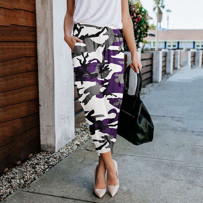 

Women Stretch Waist Cropped Pants Military Camouflage Camo Cargo Casual Trousers