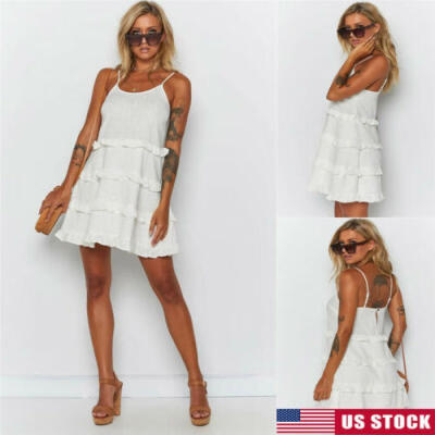 

US STOCK Women Summer Casual Boho White Short Mini Dress Sleeveless Sundress Set