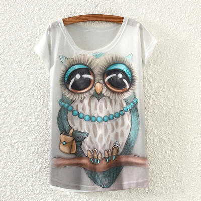 

Women Loose Cotton Short Sleeve Necklace Owl Print Shirt Summer Tee Blouse Tops