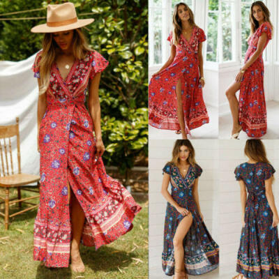 

Womens Floral Short Sleeve Dress Casual Party Boho Beach Maxi Dresses Sundress