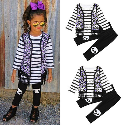 

Toddler Baby Girl Long Sleeves Print Stripe TopPants Outfit Kids Halloween Sets