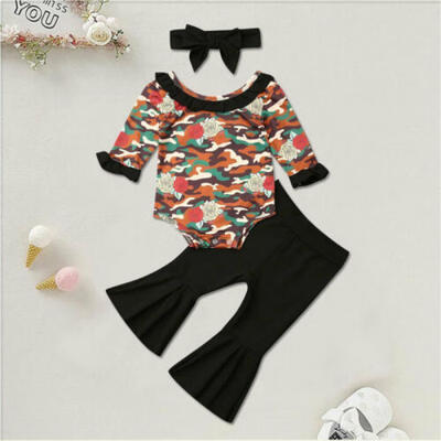 

US Infant Baby Girls Romper Bodysuit Bell-bottoms Pants Headband Outfits Clothes