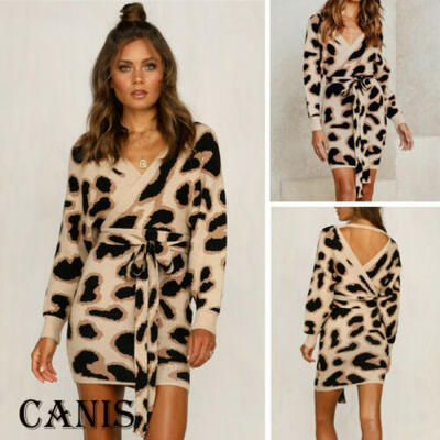 

Women Sexy Leopard Dress Long Sleeve V-Neck Short Dress Evening Cocktail Party