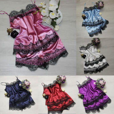 

2pcs Women Sexy Satin Lace Sleepwear Babydoll Lingerie Nightdress Pajamas Sets