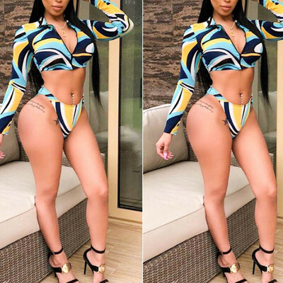 

Sexy Womens Long Sleeve Print Zipped Bikini Set Summer Beach Swimsuit 3pcs US