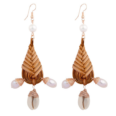 

Lady Teardrop Faux Pearl Cowrie Shell Charm Handwoven Statement Hook Earrings