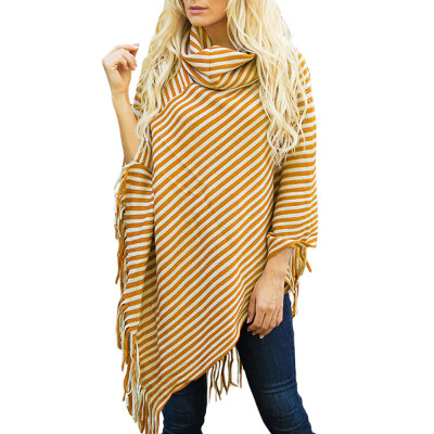 

Roseonmyhand Women Diagonal Striped High Collar Fringed Cloak Sweater Shawl
