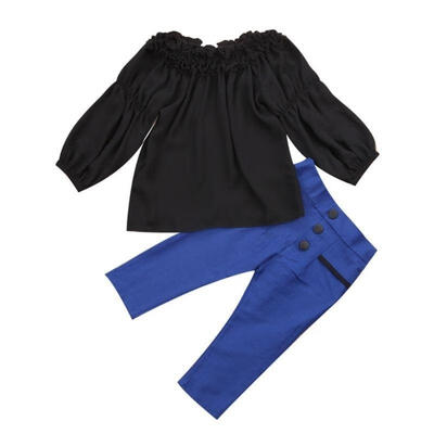 

Fashion Children Girl Clothes Off Shoulder Lace Black Blouse TopsBlue Pant Legging 2PCS Toddler Kids Clothing Set