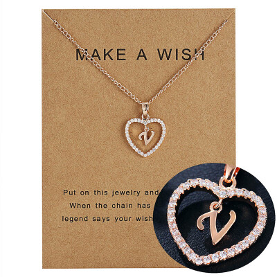 

With Card Rose Gold Color 26 Letters Initial Necklace Love Letter Name Rhinestone Heart Pendant Necklace Couple Jewelry Gift